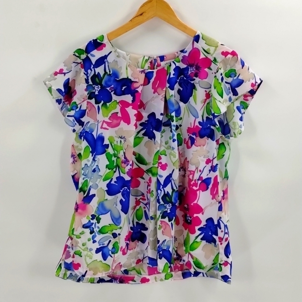 Liz Claiborne pink blue green floral print blouse flutter sleeve size XL lining